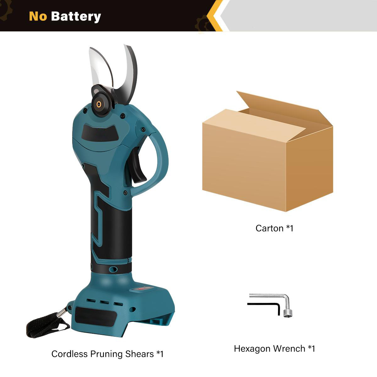 Socoje 21V Brushless Pruning Shears with 1500mAh Battery and European Charger in Blue and Black - Compact Plastic Case with CE Label and 30mm Opening.