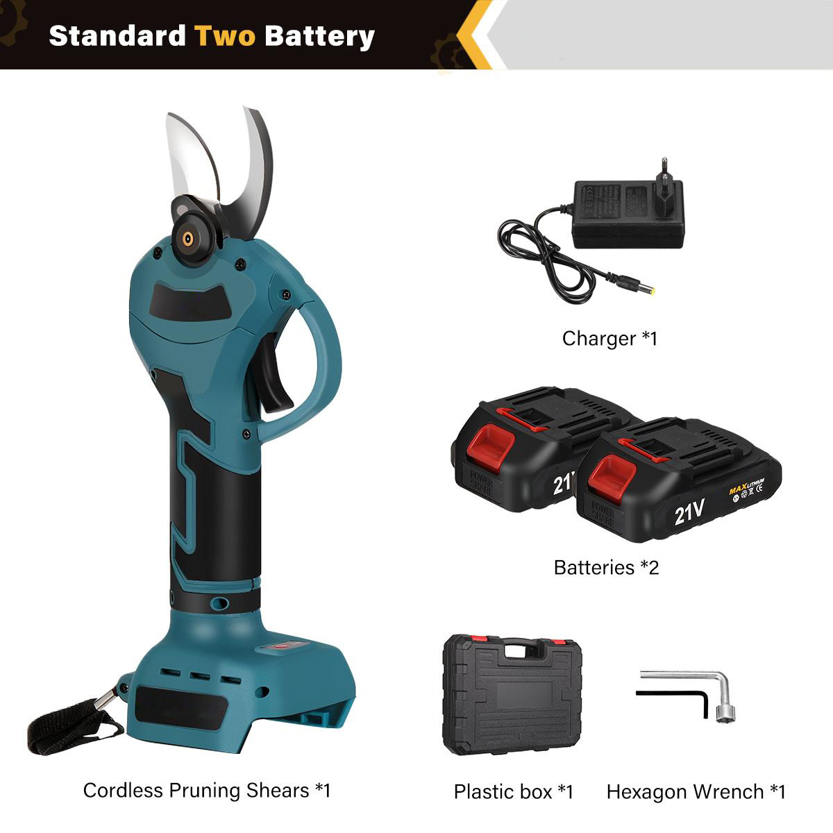 Socoje 21V Brushless Pruning Shears with 1500mAh Battery and European Charger in Blue and Black - Compact Plastic Case with CE Label and 30mm Opening.
