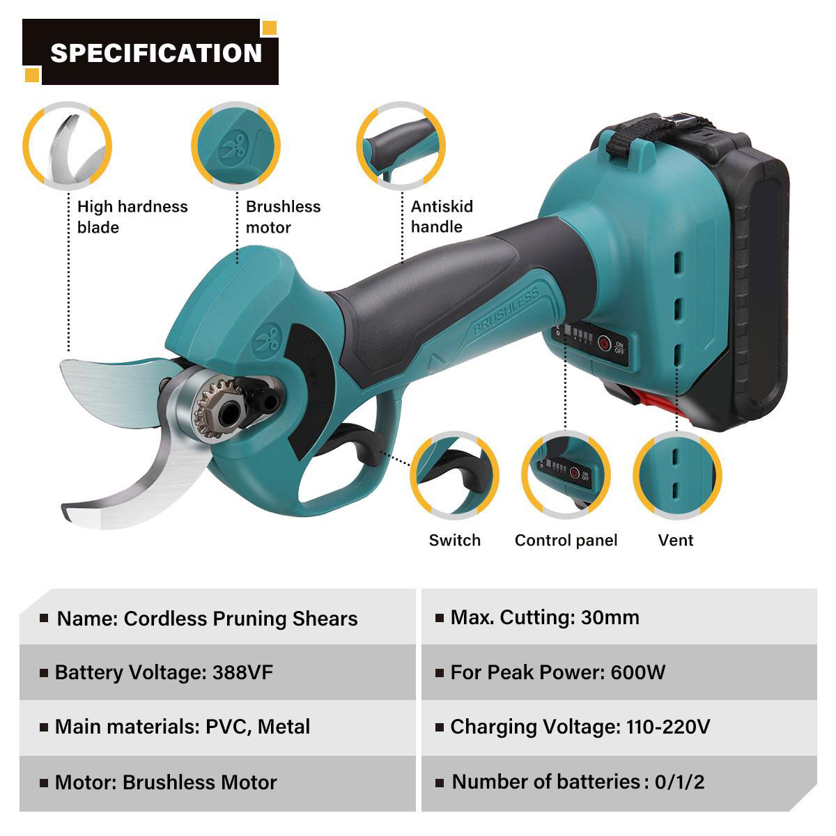 21V Electric Pruning Shears Cordless Tree Branch Pruner with 1/2 Pack 2.0-3.0Ah Lithium Batteries Powerful Brushless Motor 1.2-Inch Cutting Diameter