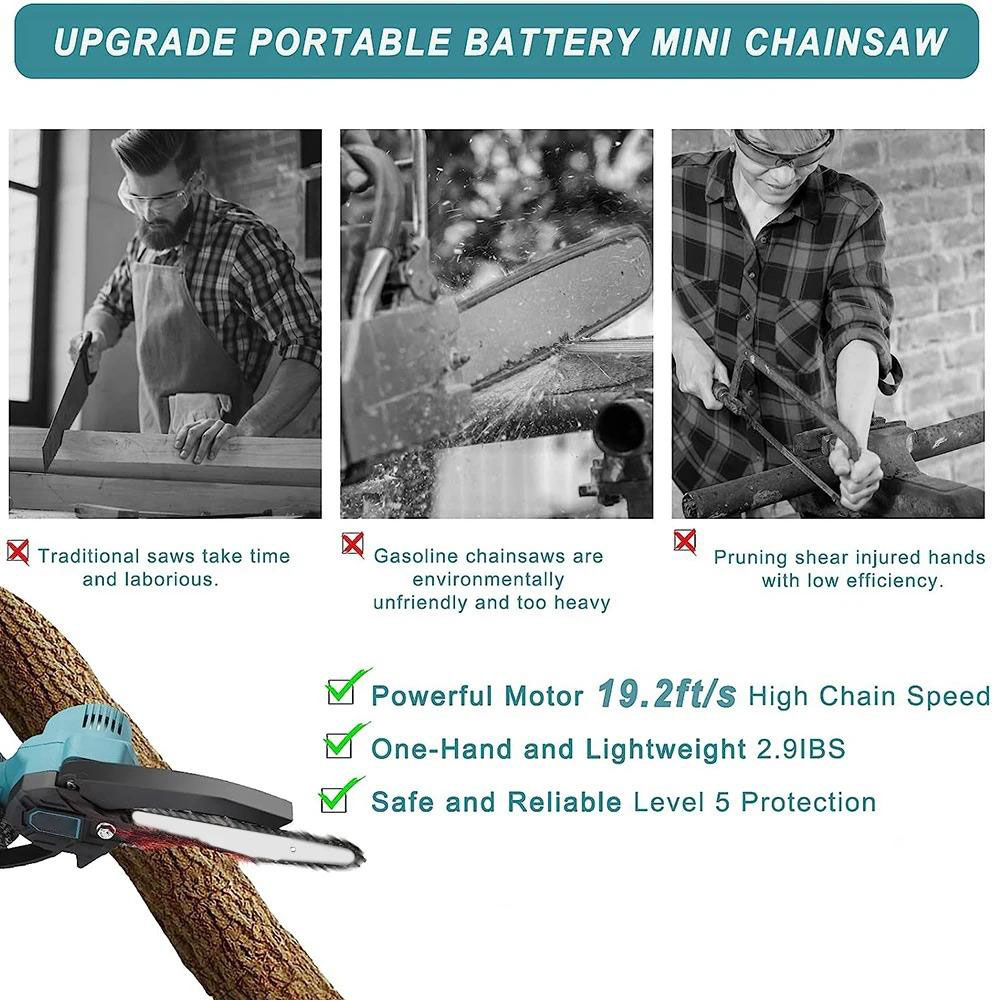Socoje 21V Mini Chainsaw Compact Power Tool with Pure Copper Motor Lightweight 6-inch Pruner with Safety Lock & Upper Deflector Ideal