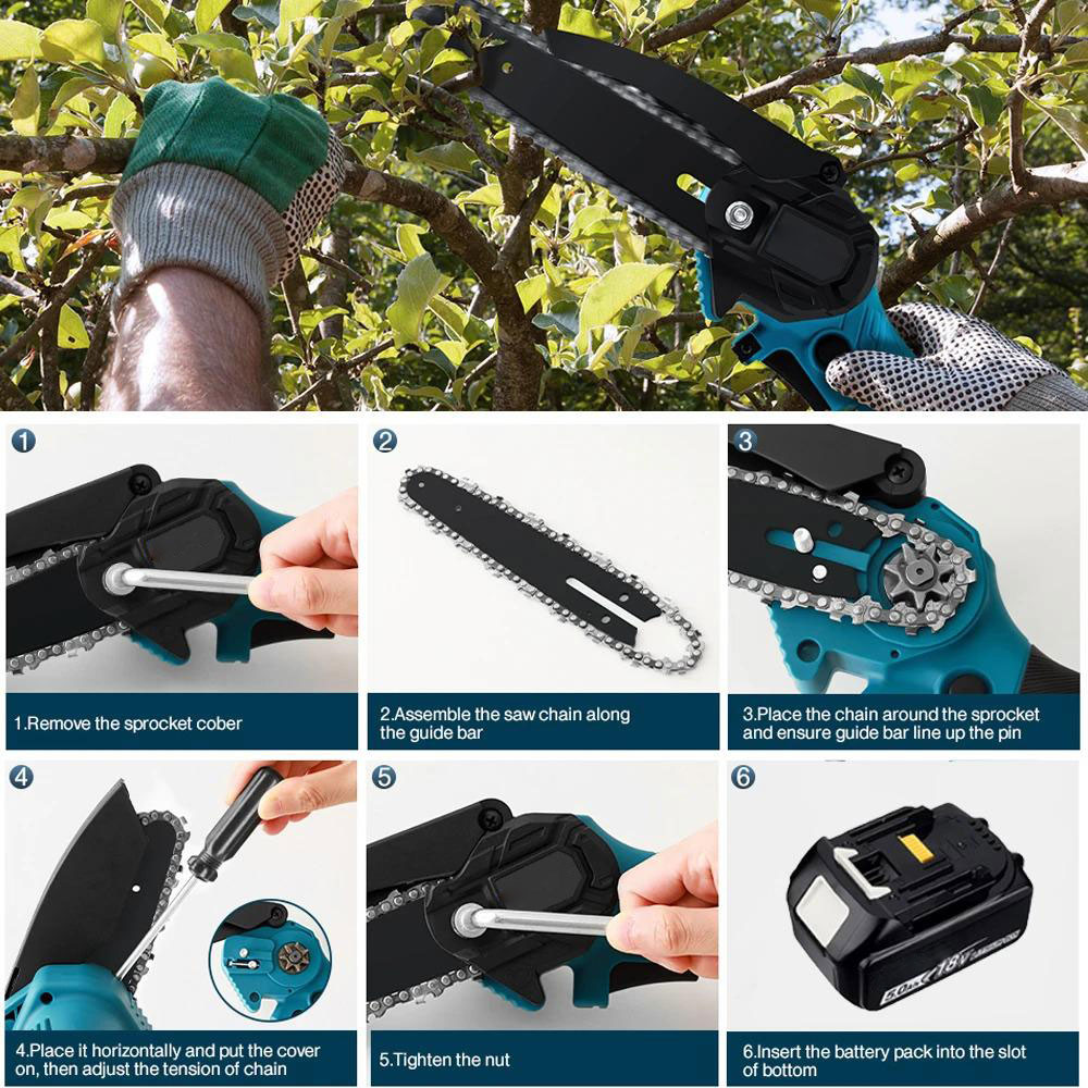 Socoje 21V Mini Chainsaw Compact Power Tool with Pure Copper Motor Lightweight 6-inch Pruner with Safety Lock & Upper Deflector Ideal