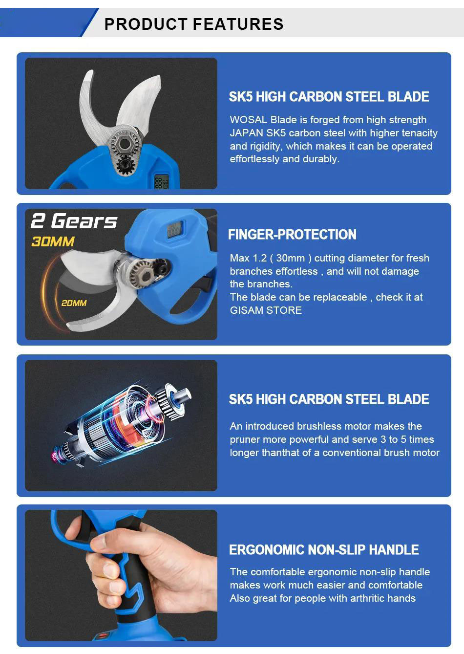 Socoje 30mm Brushless Cordless Electric Pruner Pruning Shears Fruit Tree Bonsai Pruning Branches Cutter Tools For 18V Battery