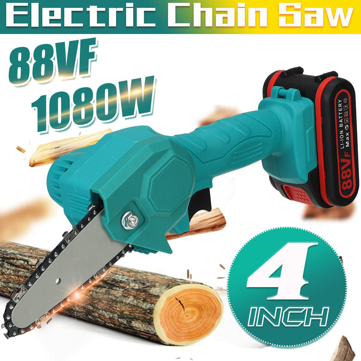 Socoje 4 Inches 21V Cordless Electric One-Hand Saw Chain Saw Woodworking Cutting Tool W/ 1pc or 2pcs Battery Kit