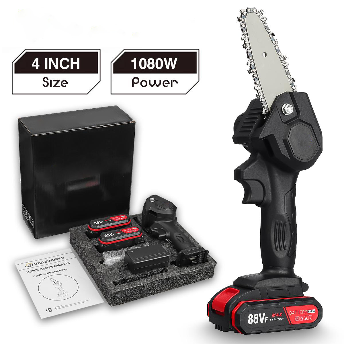 Socoje 4 Inches 21V Cordless Electric One-Hand Saw Chain Saw Woodworking Cutting Tool W/ 1pc or 2pcs Battery Kit