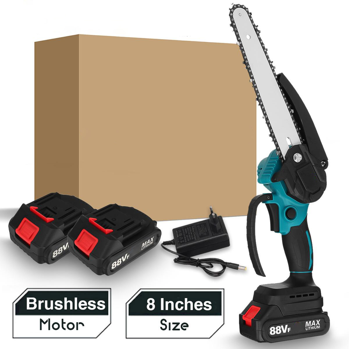 Socoje 8 Inch 3000W 88VF Brushless Electric Saw Chainsaw Pruning Saws Woodworking Cutting Tool W/ 1pc or 2pcs Battery For Makita 18v Battery