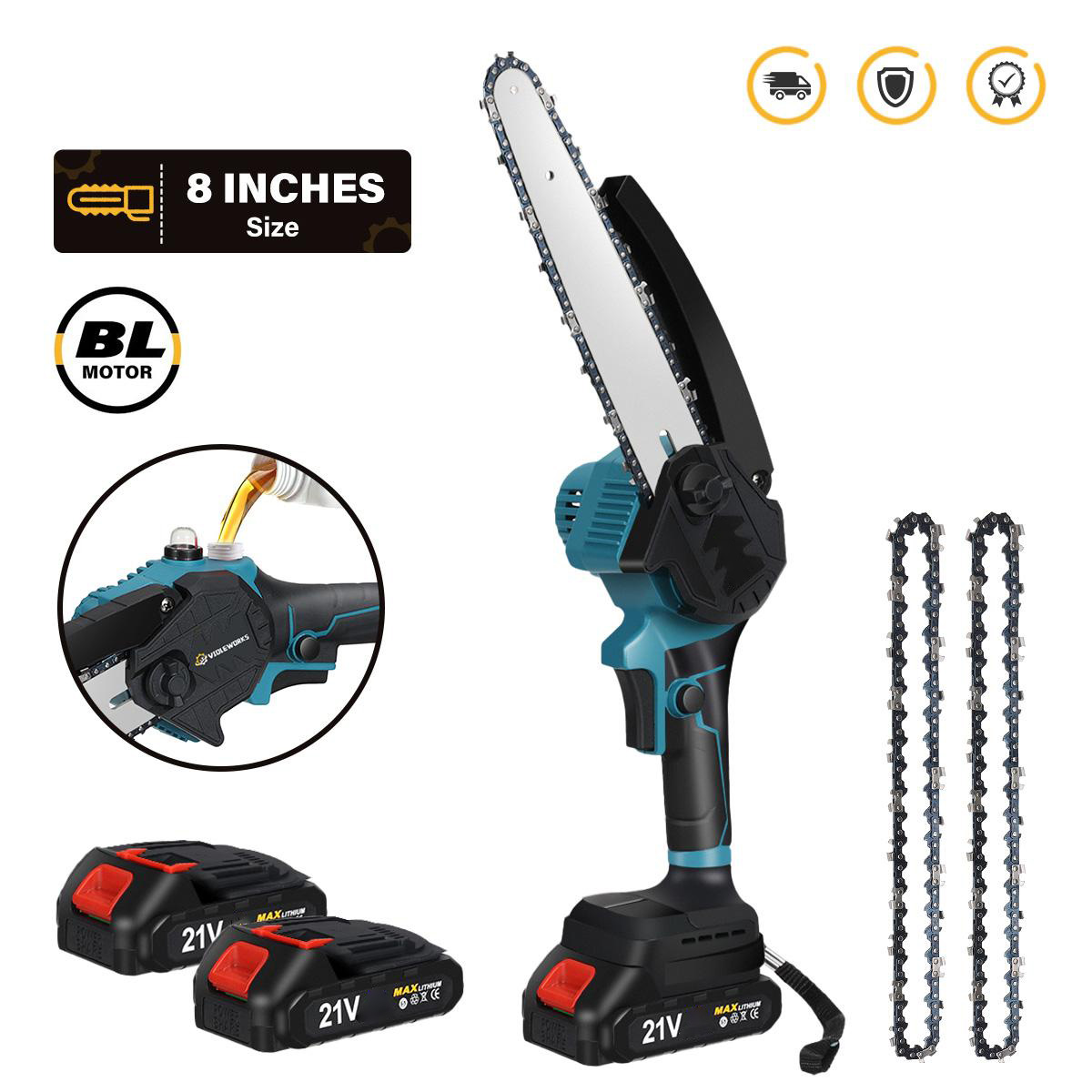 Socoje 8 Inch Brushless Electric Saw Automatic Oiler Handheld Garden Wood Logging Chainsaw for 21V Battery Powered Tool