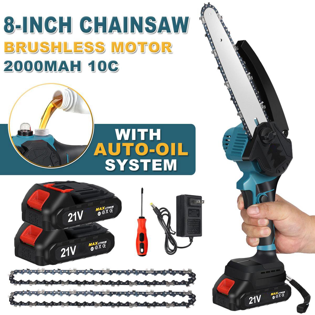 Socoje 8 Inch Brushless Electric Saw Automatic Oiler Handheld Garden Wood Logging Chainsaw for 21V Battery Powered Tool