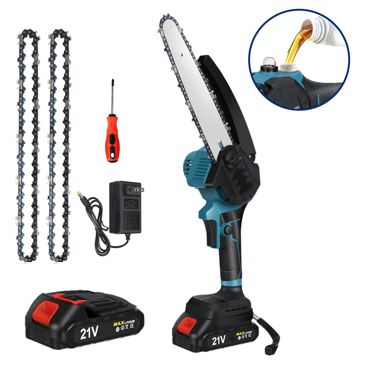 Socoje 8 Inch Brushless Electric Saw Automatic Oiler Handheld Garden Wood Logging Chainsaw for 21V Battery Powered Tool