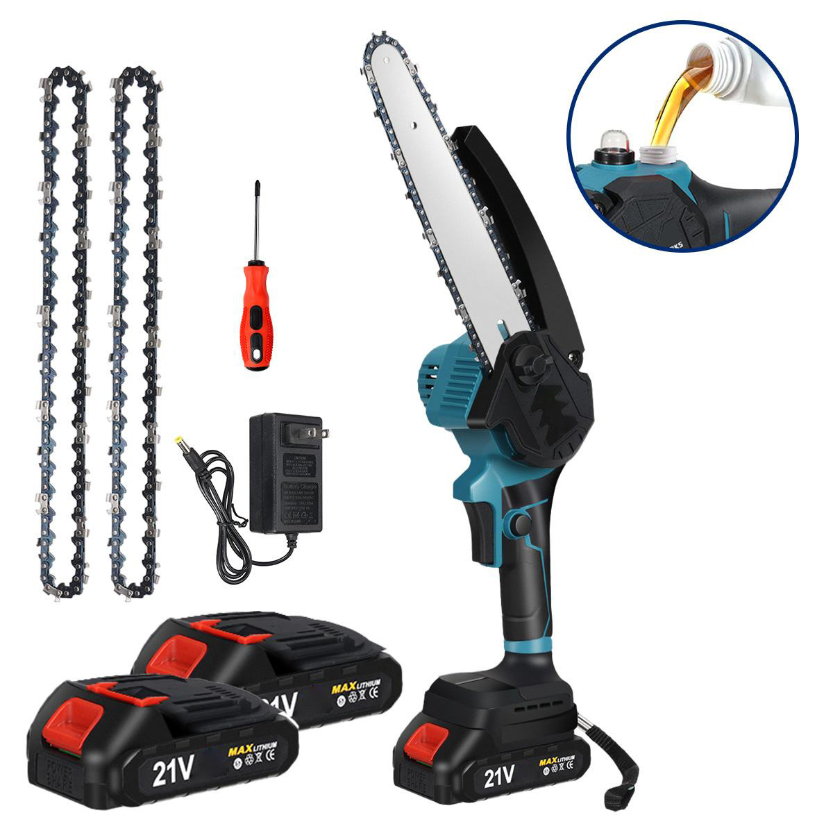 Socoje 8 Inch Brushless Electric Saw Automatic Oiler Handheld Garden Wood Logging Chainsaw for 21V Battery Powered Tool