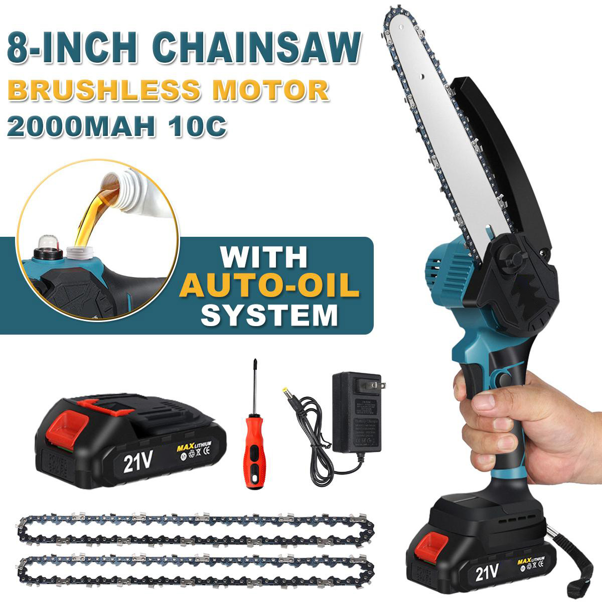 Socoje 8 Inch Brushless Electric Saw Automatic Oiler Handheld Garden Wood Logging Chainsaw for 21V Battery Powered Tool