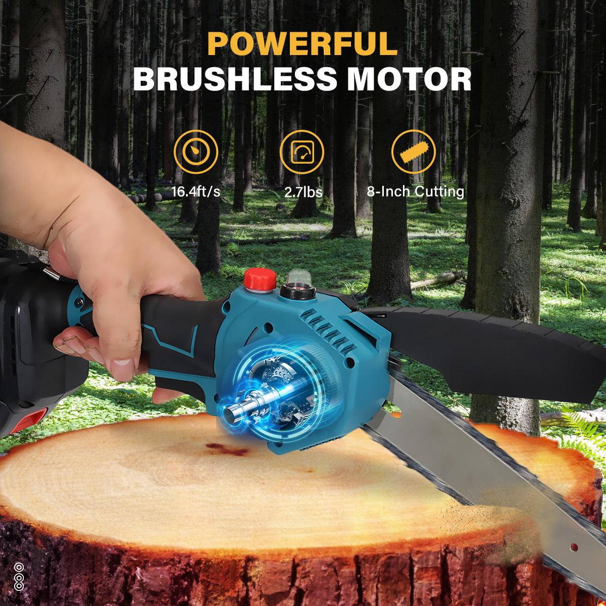 Socoje 8 Inch Brushless Electric Saw Automatic Oiler Handheld Garden Wood Logging Chainsaw for 21V Battery Powered Tool