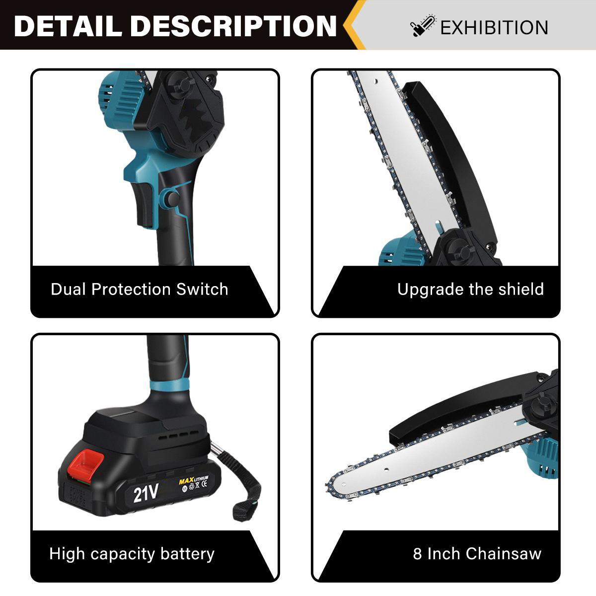 Socoje 8 Inch Brushless Electric Saw Automatic Oiler Handheld Garden Wood Logging Chainsaw for 21V Battery Powered Tool