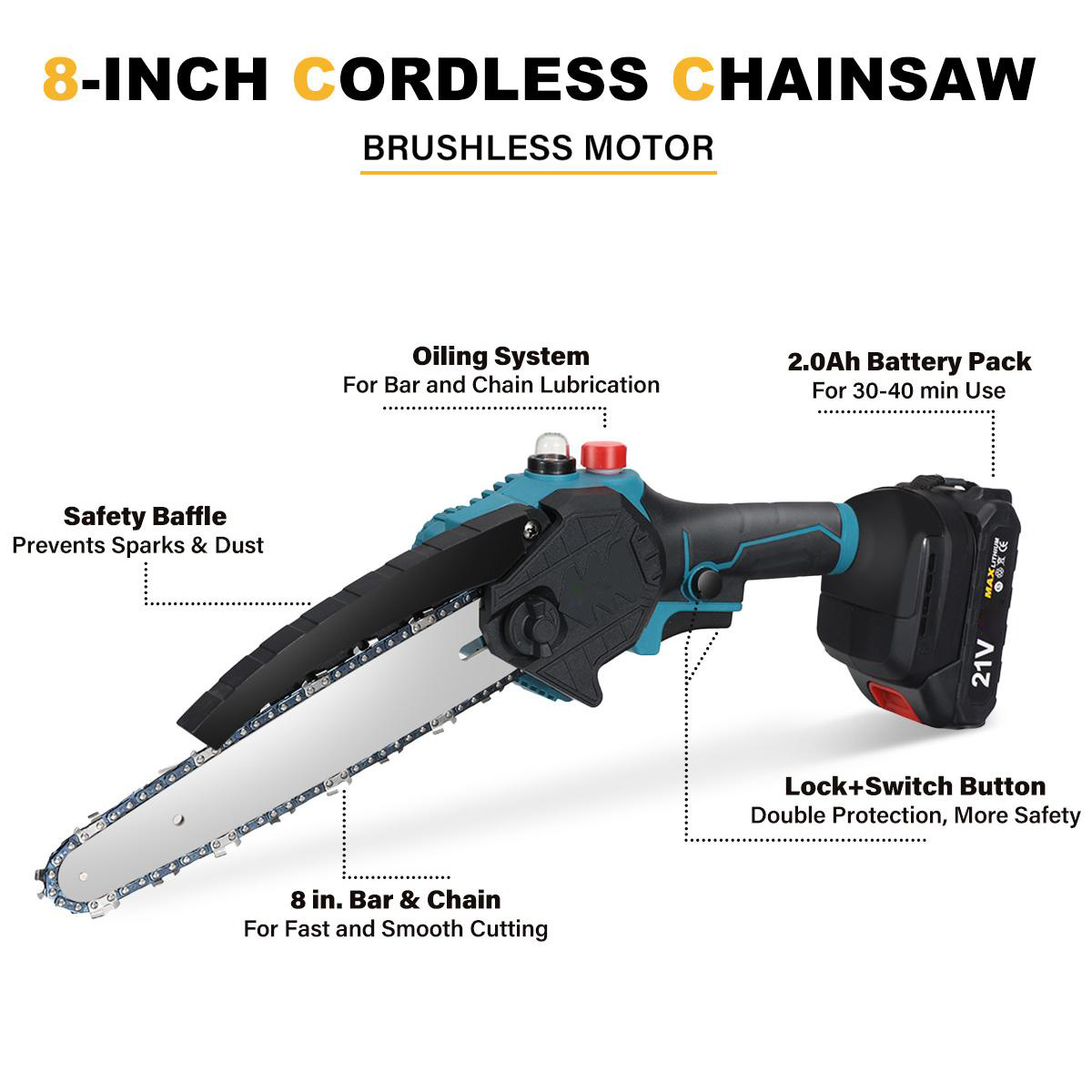 Socoje 8 Inch Brushless Electric Saw Automatic Oiler Handheld Garden Wood Logging Chainsaw for 21V Battery Powered Tool