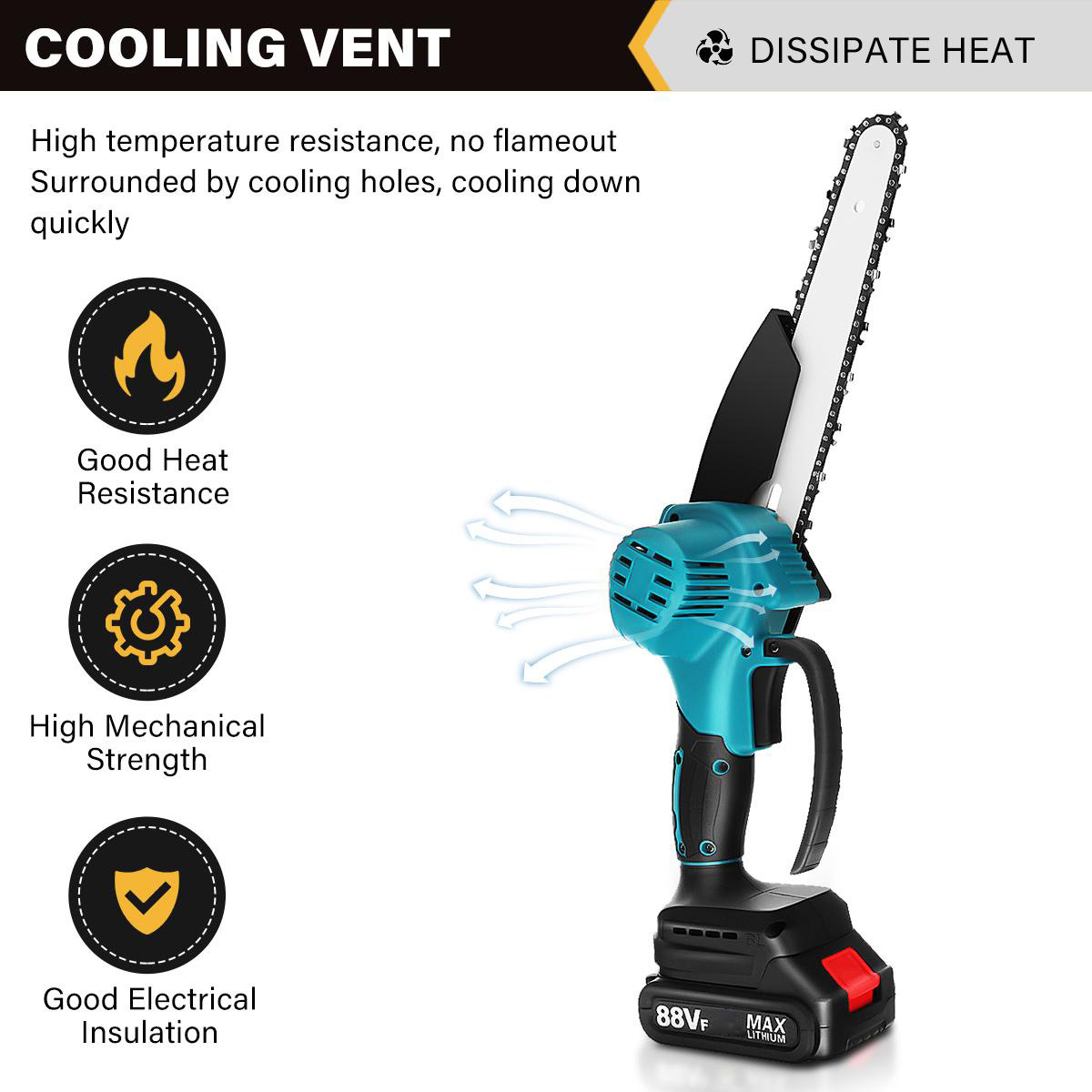Socoje 8 Inches 1200W Electric Cordless Chain Saw Brushless Motor With 2500mAh 1/2 Batteries