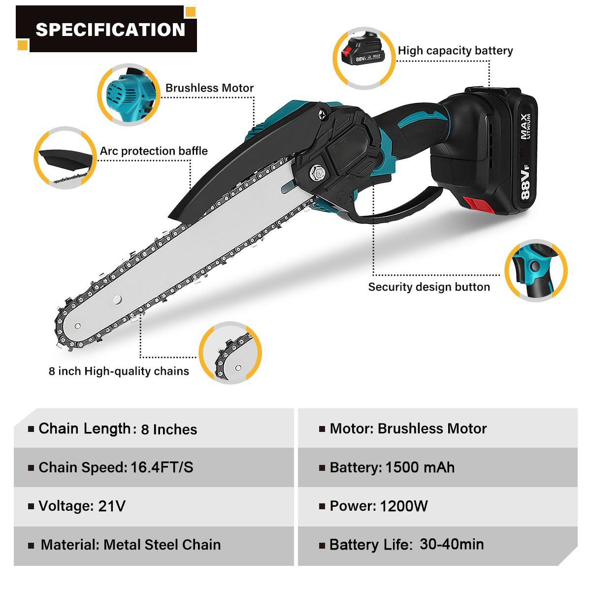 Socoje 8 Inches 1200W Electric Cordless Chain Saw Brushless Motor With 2500mAh 1/2 Batteries