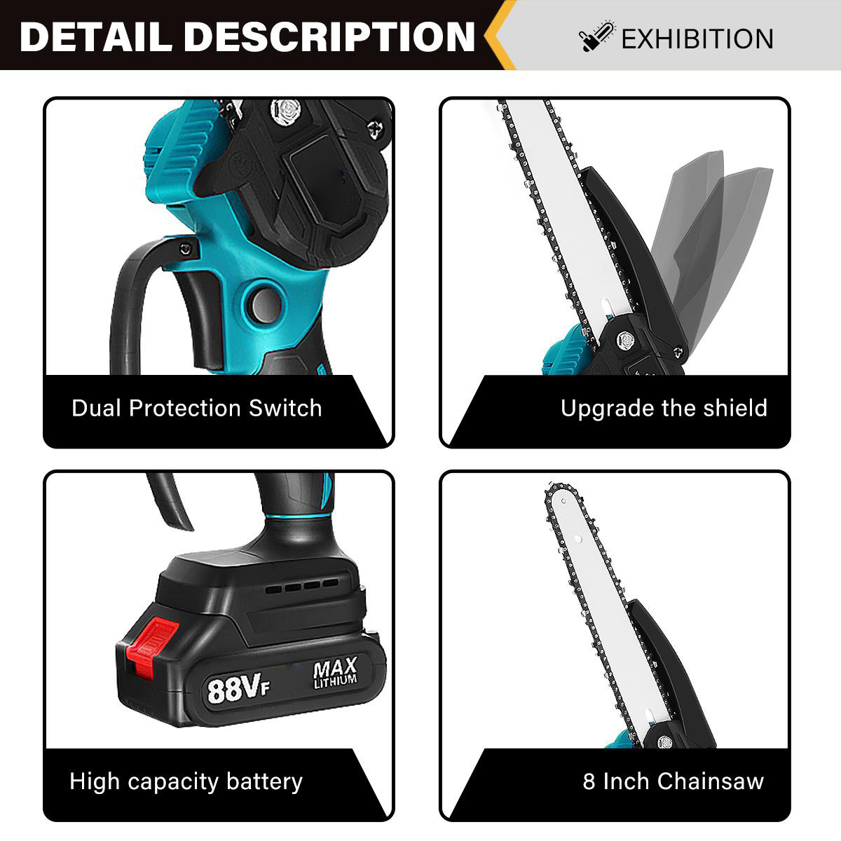 Socoje 8 Inches 1200W Electric Cordless Chain Saw Brushless Motor With 2500mAh 1/2 Batteries