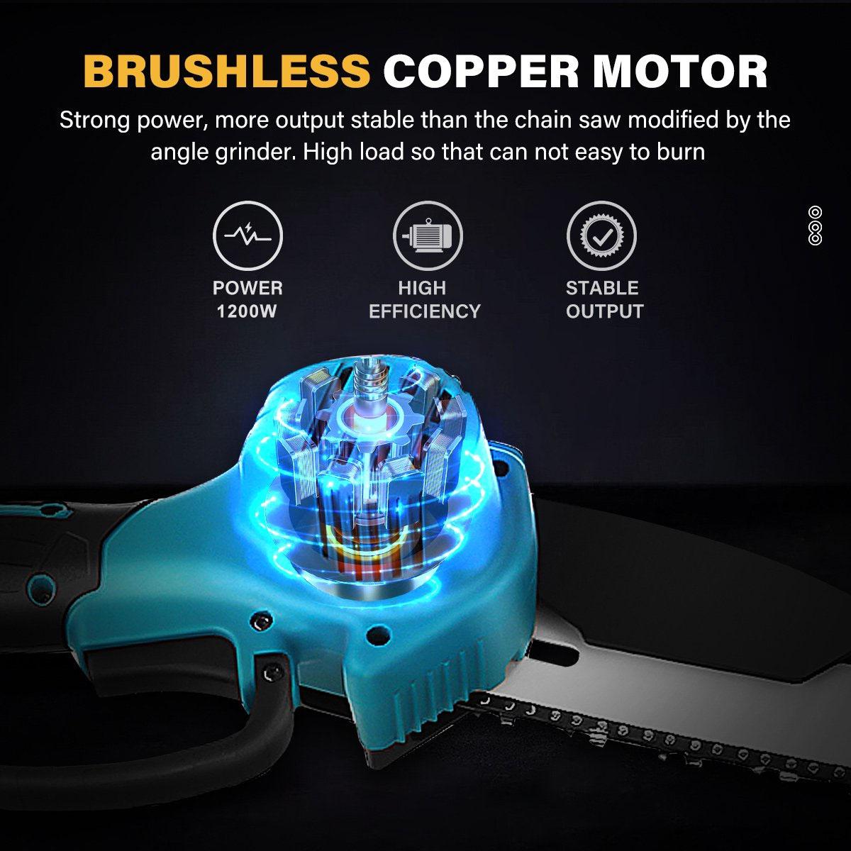 Socoje 8 Inches 1200W Electric Cordless Chain Saw Brushless Motor With 2500mAh 1/2 Batteries