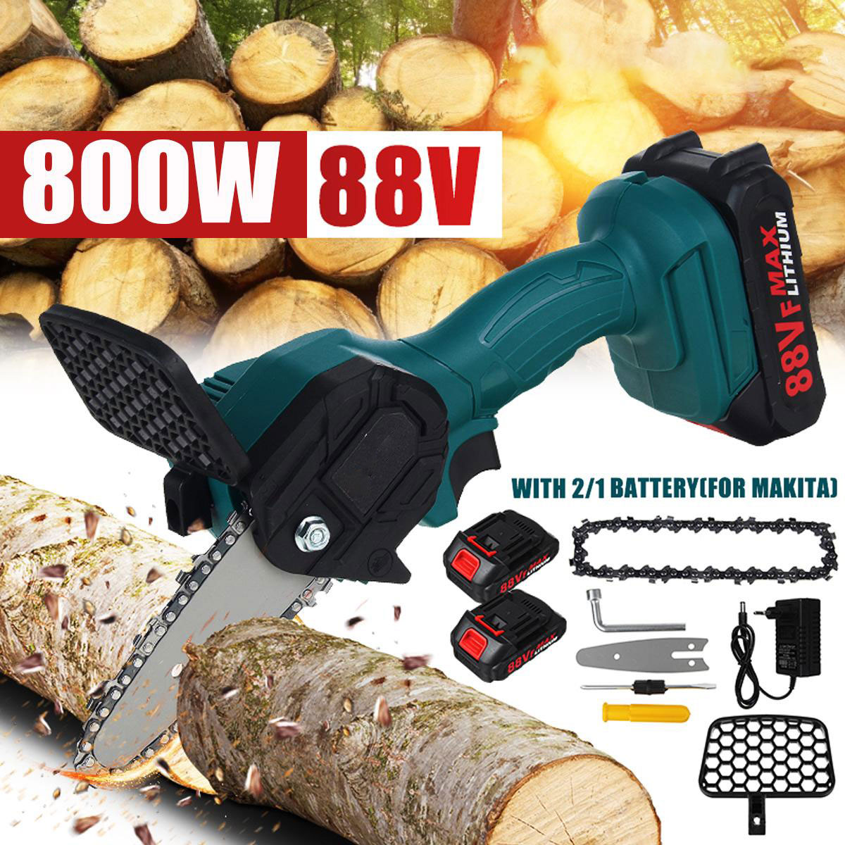 Socoje 88V Cordless Electric Saw 4inch One-hand Chain Saws Woodworking Cutting Tool W/ 1 or 2pcs Battery Tree Pruning Shears US Plug