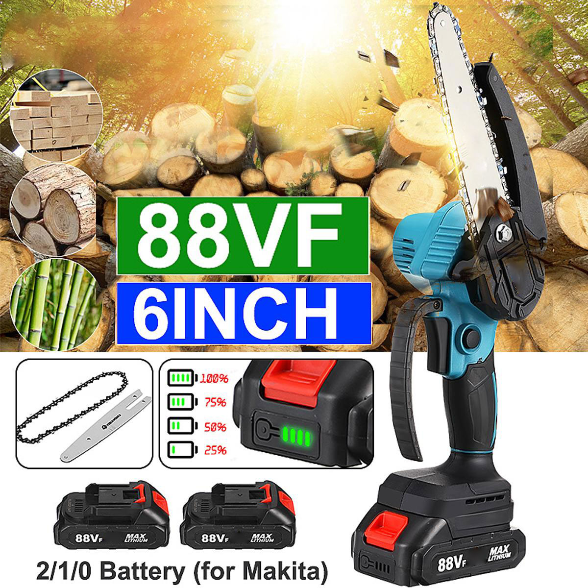 Socoje 88VF 6 Inch Electric Chain Saw 1500W Cordless One-Hand Saws Woodworking Tool Wood Cutter W/ None/1/2 Battery For MakitaBattery