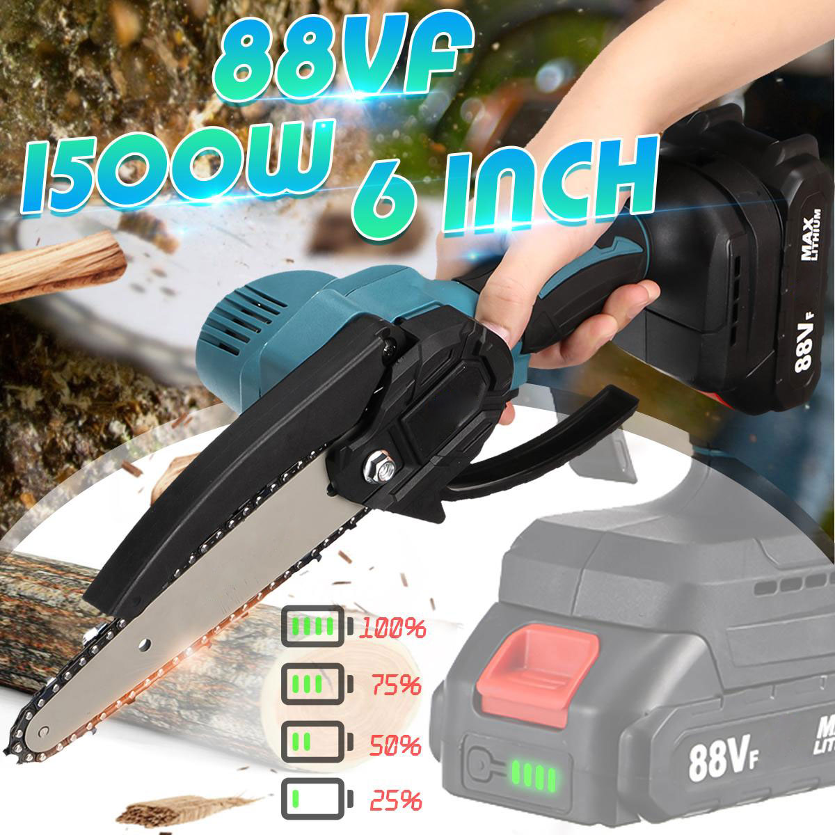 Socoje 88VF 6 Inch Electric Chain Saw 1500W Cordless One-Hand Saws Woodworking Tool Wood Cutter W/ None/1/2 Battery For MakitaBattery