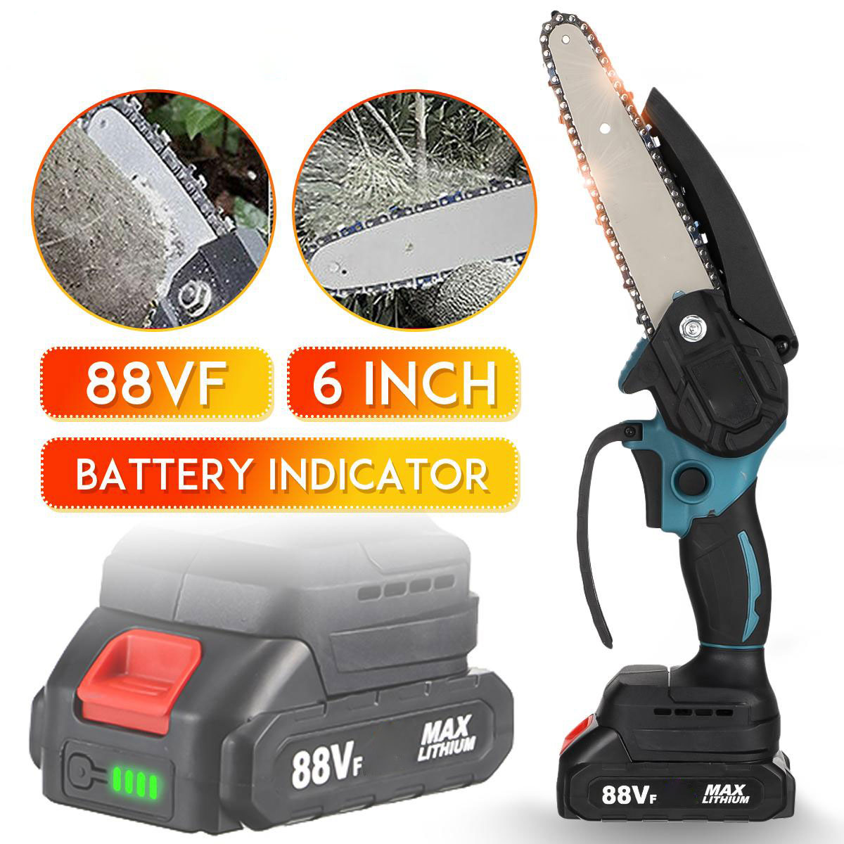 Socoje 88VF 6 Inch Electric Chain Saw 1500W Cordless One-Hand Saws Woodworking Tool Wood Cutter W/ None/1/2 Battery For MakitaBattery