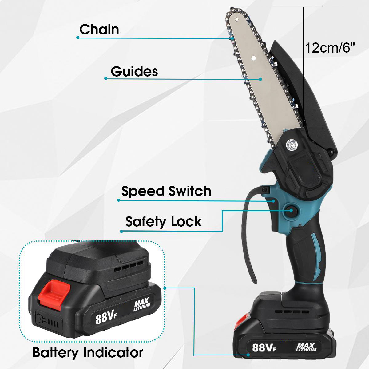Socoje 88VF 6 Inch Electric Chain Saw 1500W Cordless One-Hand Saws Woodworking Tool Wood Cutter W/ None/1/2 Battery For MakitaBattery