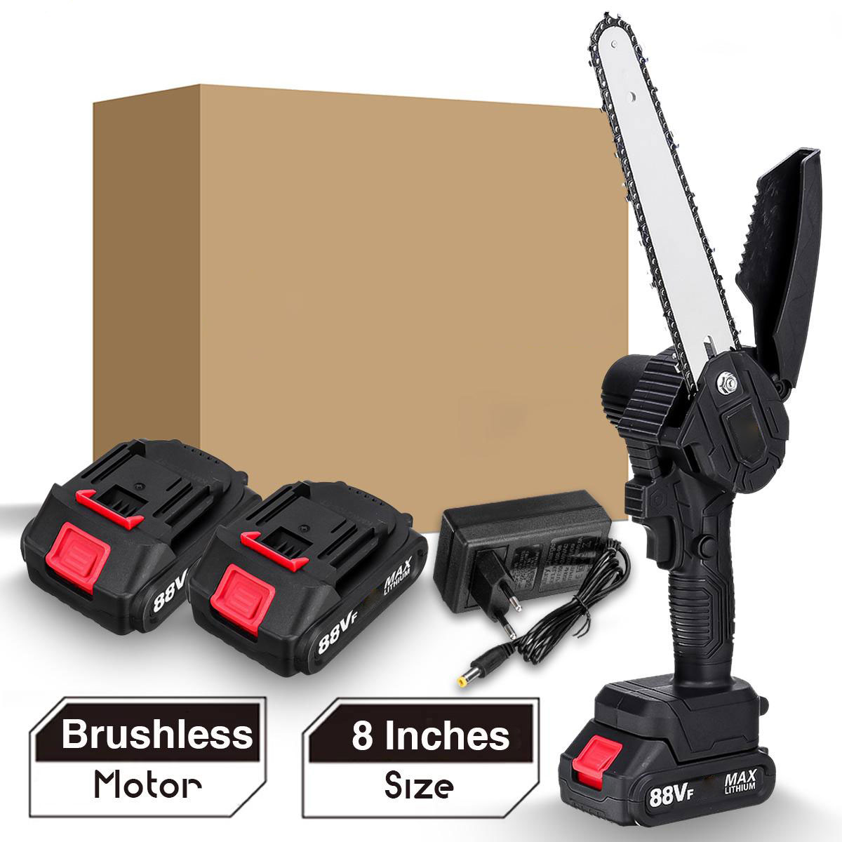 Socoje 88VF 8 Inch Brushless Electric Saw 3000W Portable Pruning Chain Saw Rechargeable Woodworking Power Tools Wood Cutter W/ 1/2 Battery