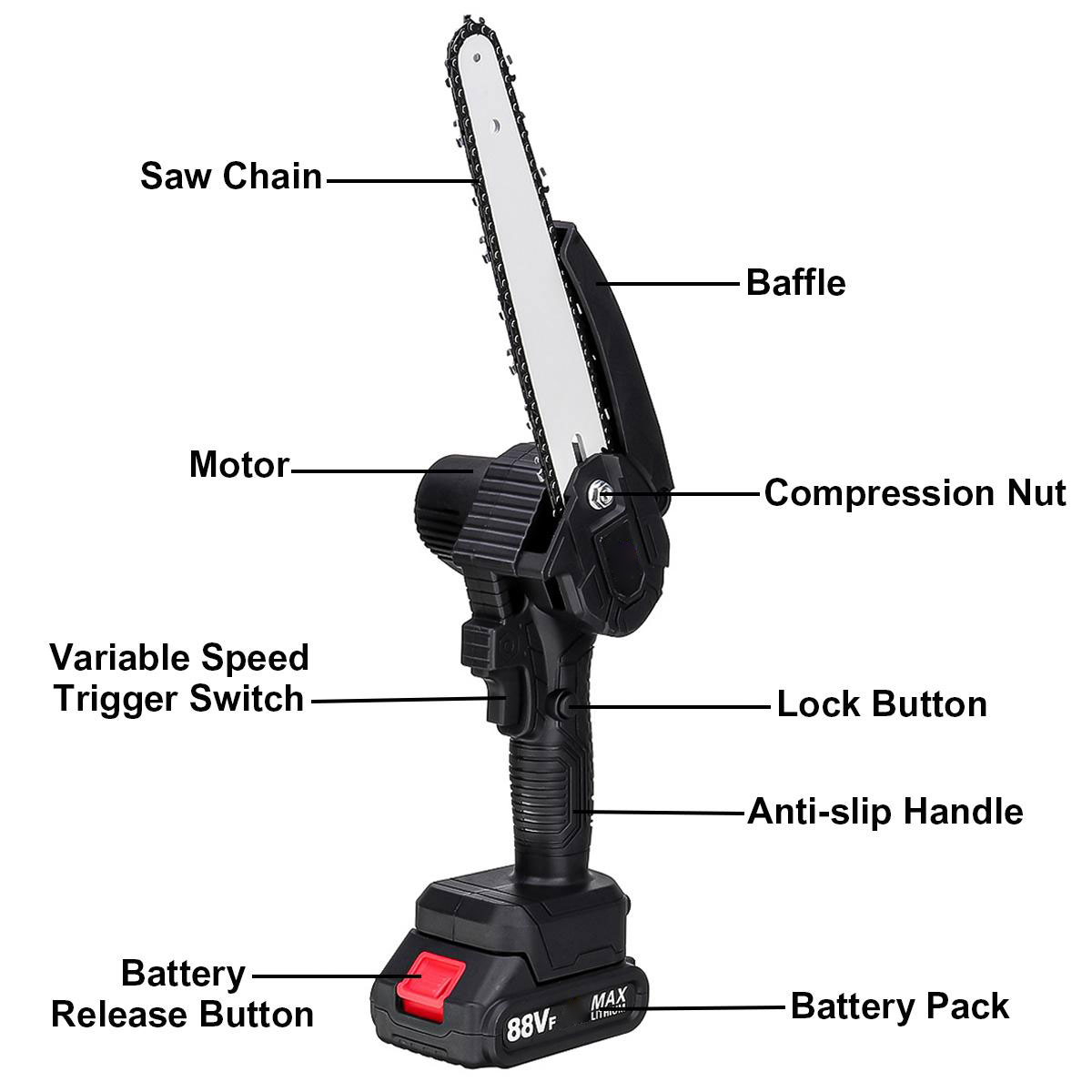 Socoje 88VF 8 Inch Brushless Electric Saw 3000W Portable Pruning Chain Saw Rechargeable Woodworking Power Tools Wood Cutter W/ 1/2 Battery