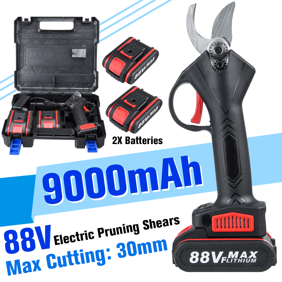 Socoje 88VF Cordless Electric Pruning Shears Secateur 30mm Garden Branch Cutter W/ 2X Battery & Plastic Toolbox