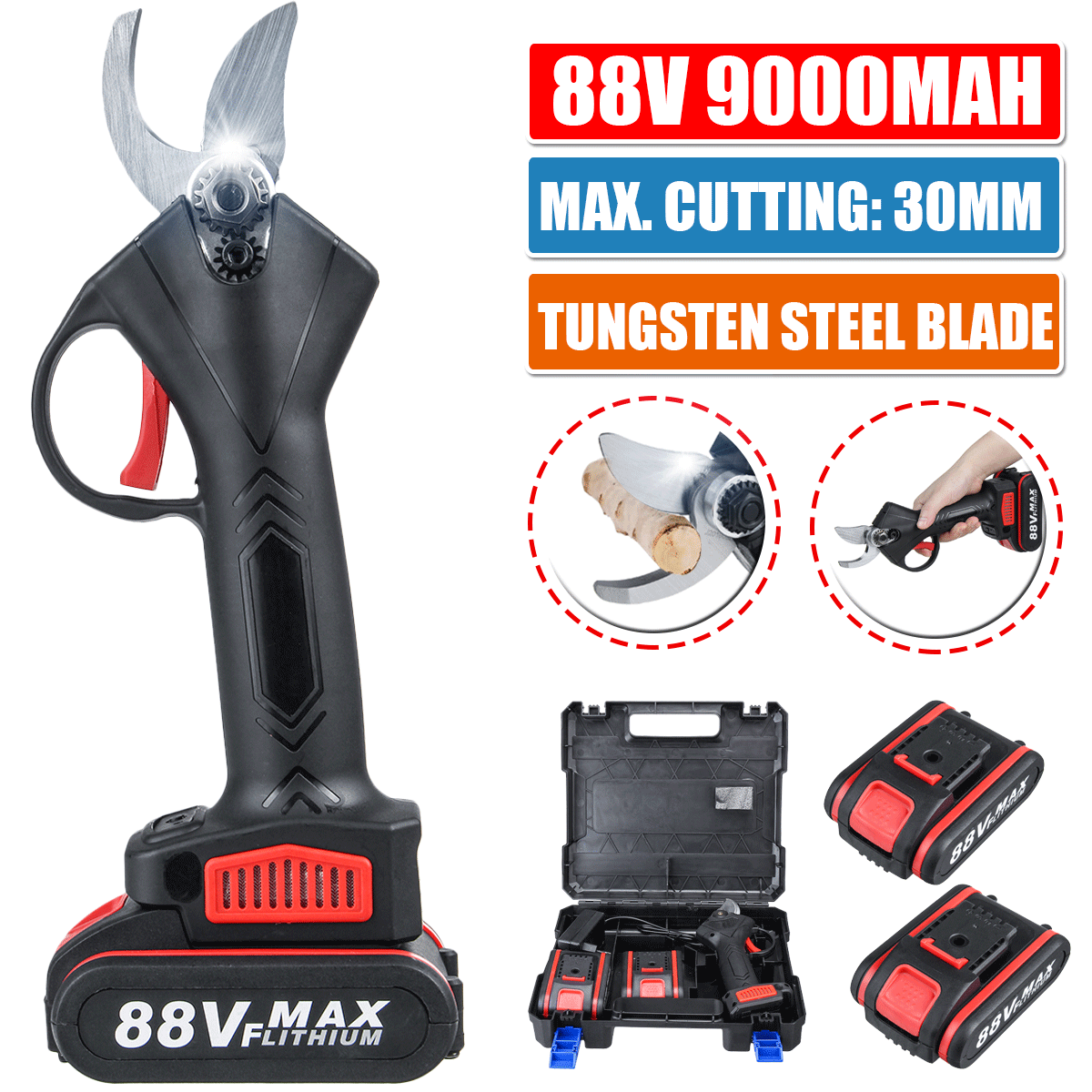 Socoje 88VF Cordless Electric Pruning Shears Secateur 30mm Garden Branch Cutter W/ 2X Battery & Plastic Toolbox