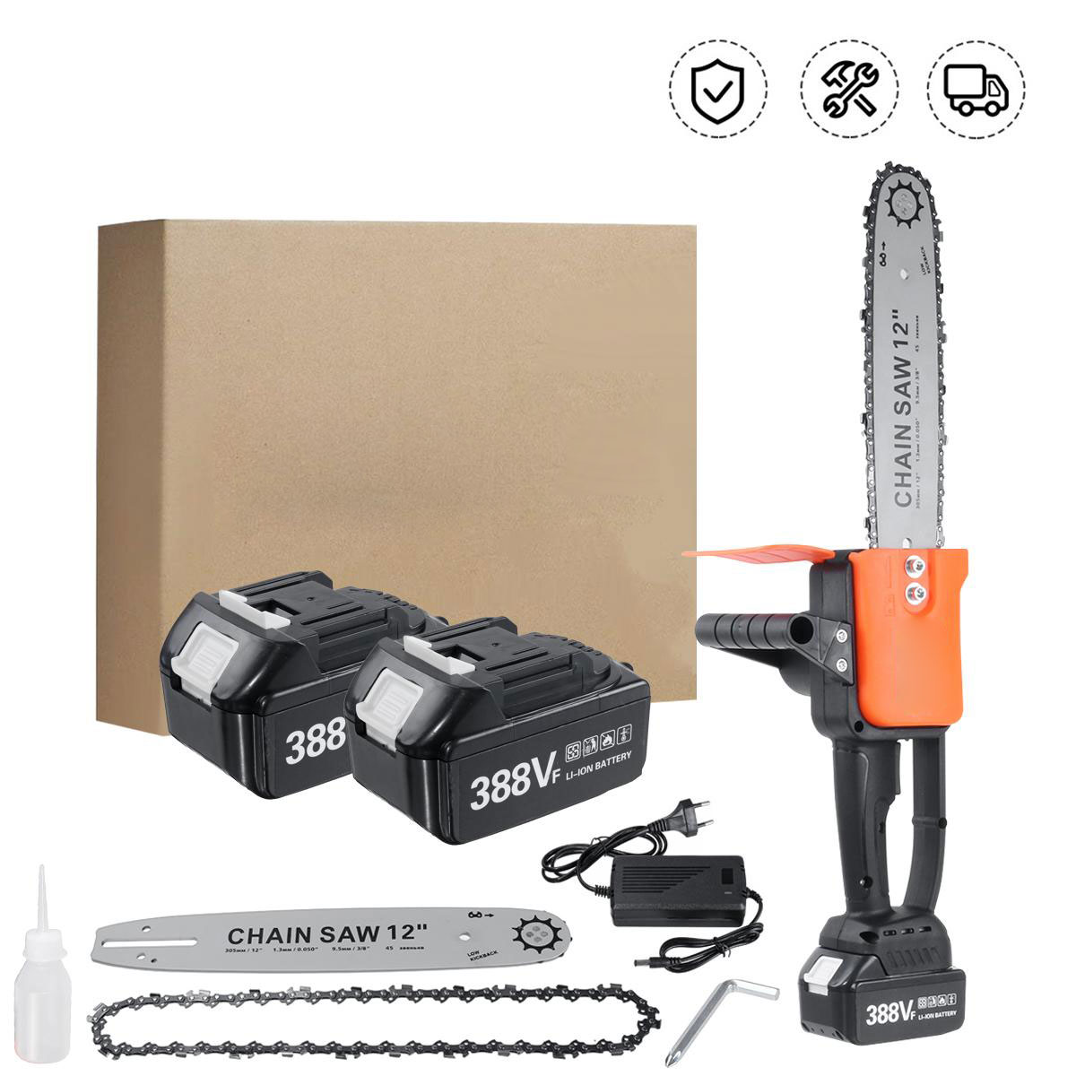 3000W 388VF 12 Inch Portable Electric Saw Pruning Chain Saw Rechargeable Woodworking Power Tools Wood Cutter W/ 1/2 Battery EU/US Plug