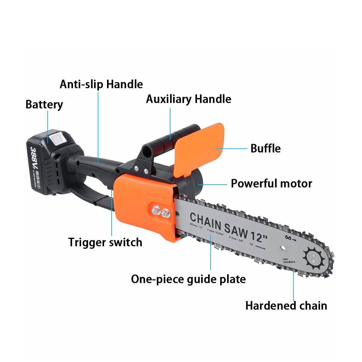 3000W 388VF 12 Inch Portable Electric Saw Pruning Chain Saw Rechargeable Woodworking Power Tools Wood Cutter W/ 1/2 Battery EU/US Plug
