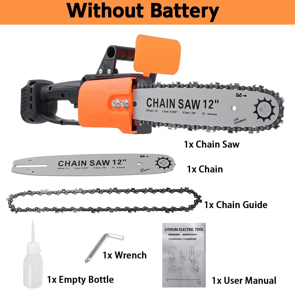 3000W 388VF 12 Inch Portable Electric Saw Pruning Chain Saw Rechargeable Woodworking Power Tools Wood Cutter W/ 1/2 Battery EU/US Plug