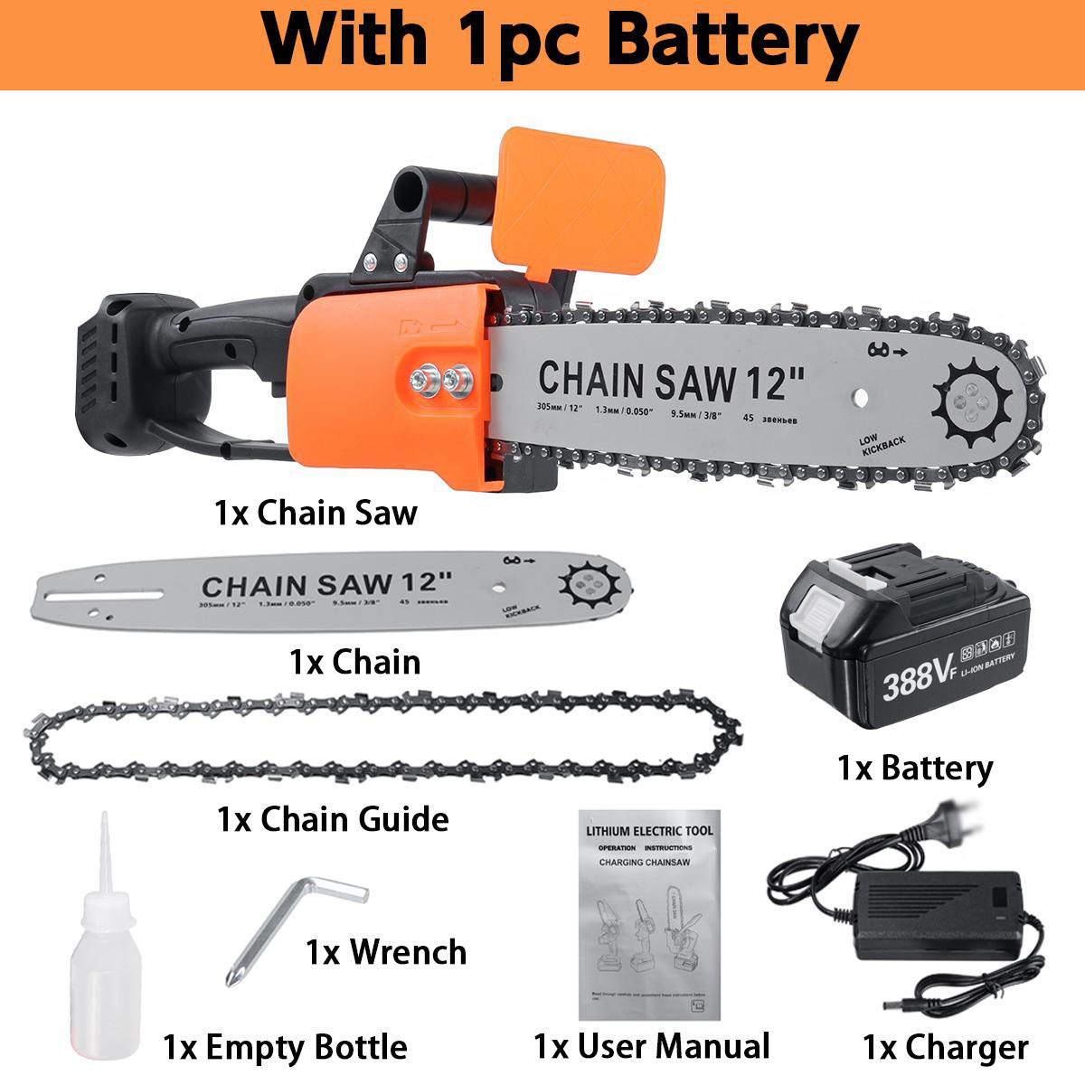 3000W 388VF 12 Inch Portable Electric Saw Pruning Chain Saw Rechargeable Woodworking Power Tools Wood Cutter W/ 1/2 Battery EU/US Plug
