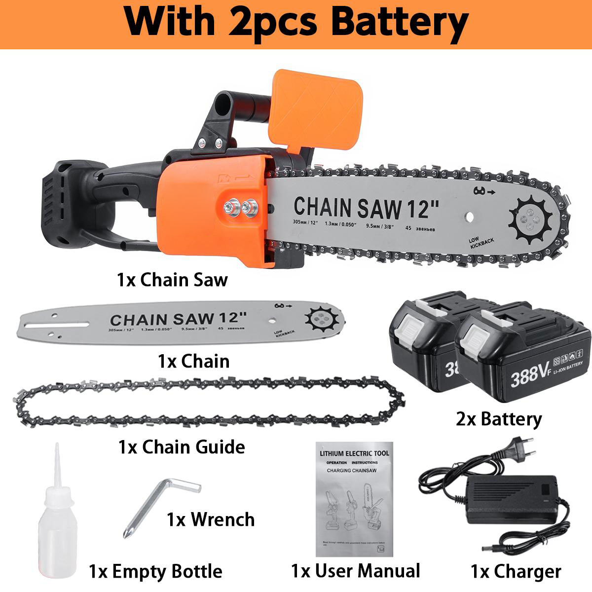 3000W 388VF 12 Inch Portable Electric Saw Pruning Chain Saw Rechargeable Woodworking Power Tools Wood Cutter W/ 1/2 Battery EU/US Plug