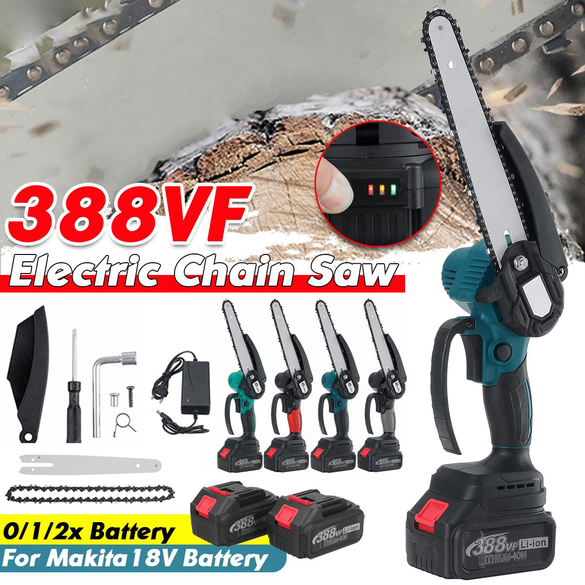 388VF 8 Inch Cordless Electric Chain Saw One-Hand Wood Cutter Pruning Saws Garden Power Tools