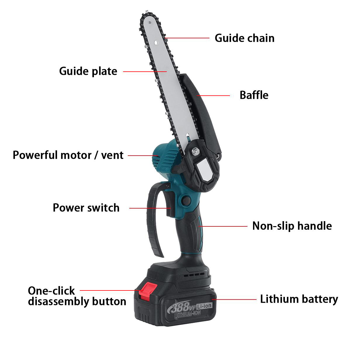 388VF 8 Inch Cordless Electric Chain Saw One-Hand Wood Cutter Pruning Saws Garden Power Tools