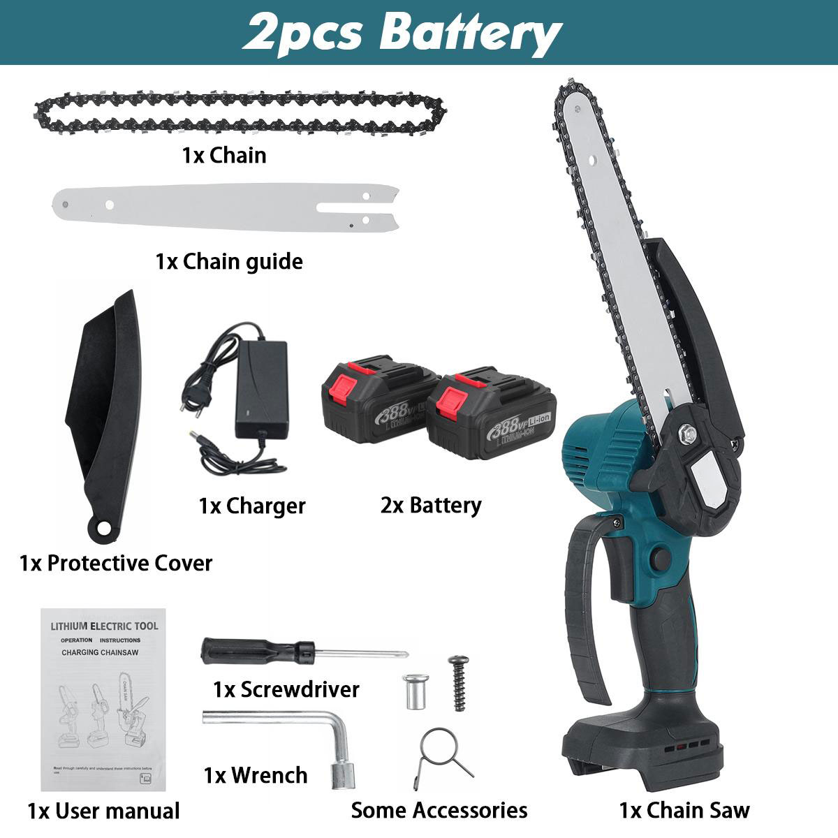 388VF 8 Inch Cordless Electric Chain Saw One-Hand Wood Cutter Pruning Saws Garden Power Tools