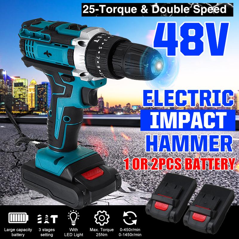 Socoje 48VF Cordless Impact Electric Screwdriver Drill 25+3 Gear Forward/Reverse Switch Power Screw Driver W/ 1 Or 2 Li-ion Battery