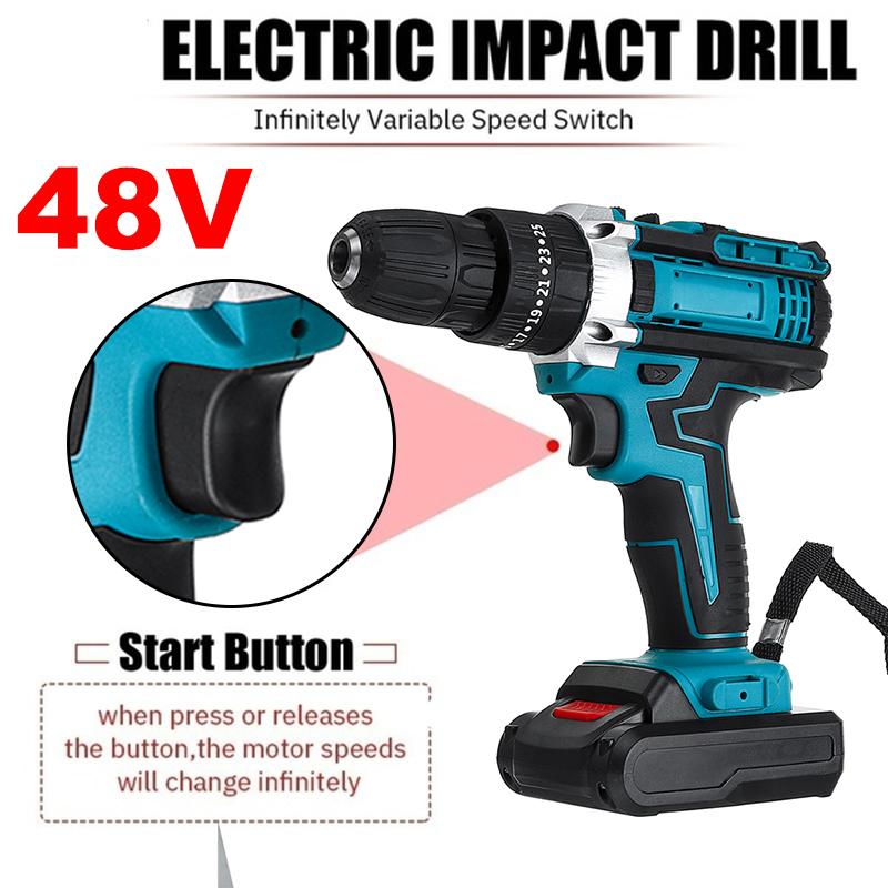 Socoje 48VF Cordless Impact Electric Screwdriver Drill 25+3 Gear Forward/Reverse Switch Power Screw Driver W/ 1 Or 2 Li-ion Battery
