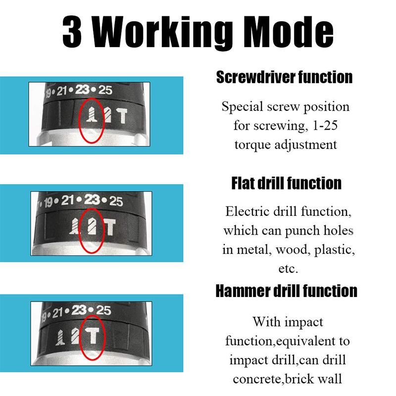 Socoje 48VF Cordless Impact Electric Screwdriver Drill 25+3 Gear Forward/Reverse Switch Power Screw Driver W/ 1 Or 2 Li-ion Battery