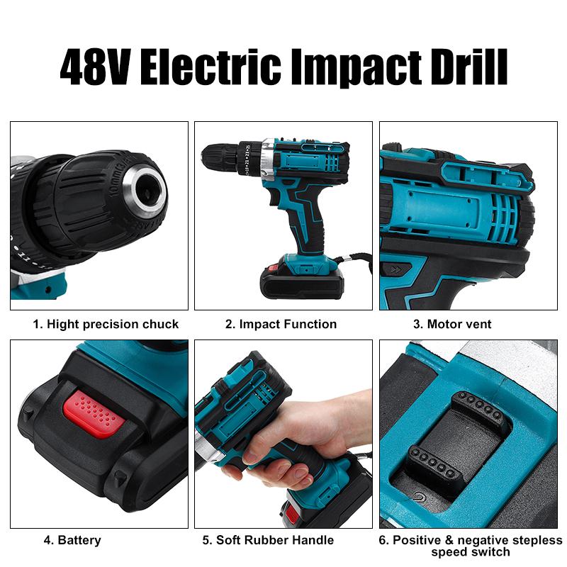 Socoje 48VF Cordless Impact Electric Screwdriver Drill 25+3 Gear Forward/Reverse Switch Power Screw Driver W/ 1 Or 2 Li-ion Battery