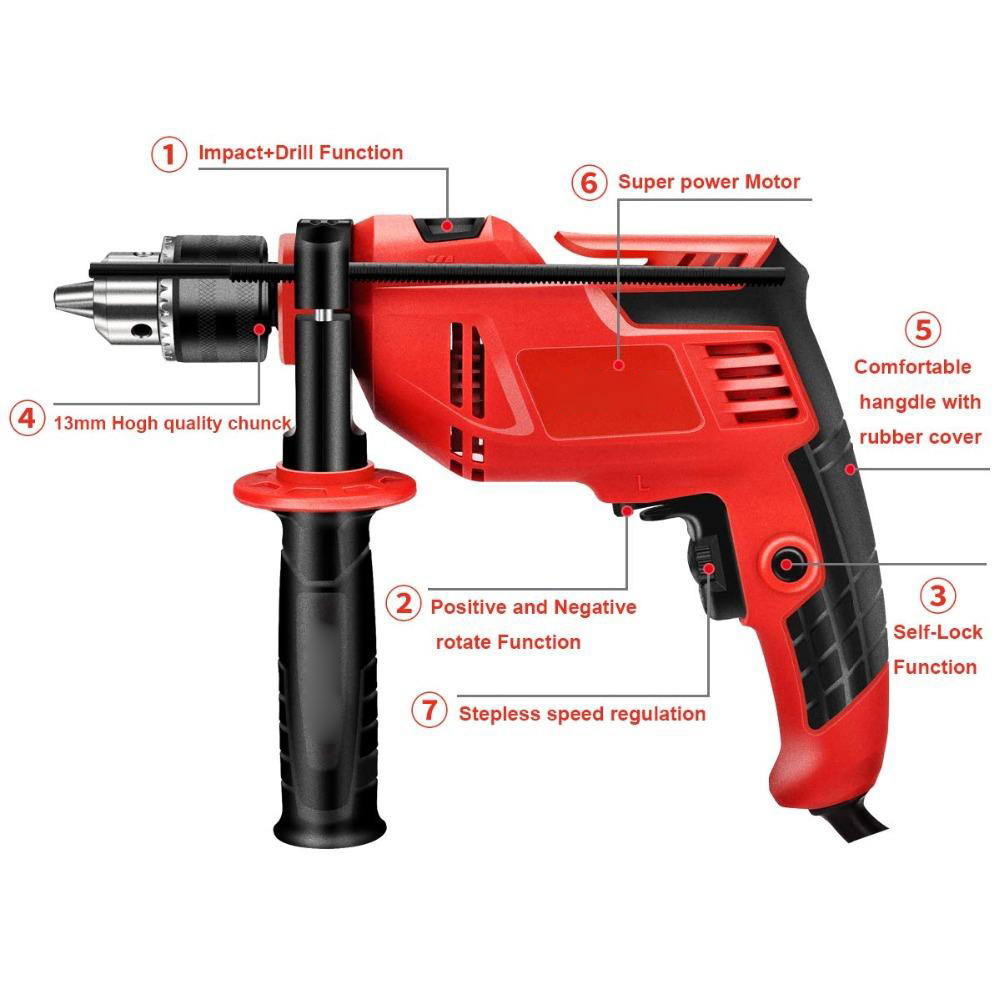 MPT Corded AC Electric Hammer 550W 13mm Chuck Impact Drill with Auxiliary Handle Variable Speed and Multifunction