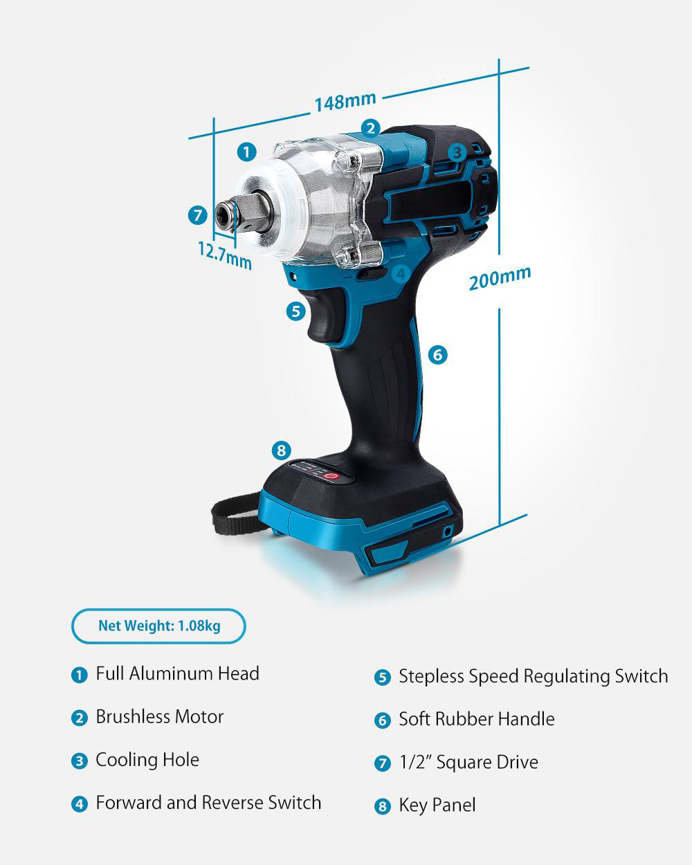 18V Cordless Brushless Impact Wrench Screwdriver Stepless Speed Change Switch For 18V Makita Battery