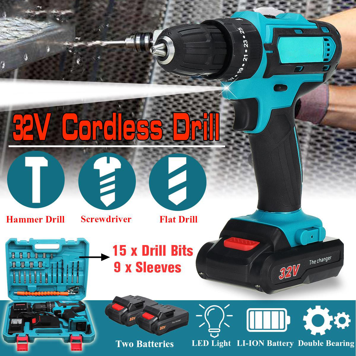 Socoje 2 Speed Power Drills 6000maAh Cordless Drill 3 IN 1 Electric Screwdriver Hammer Drill with 2pcs Batteries