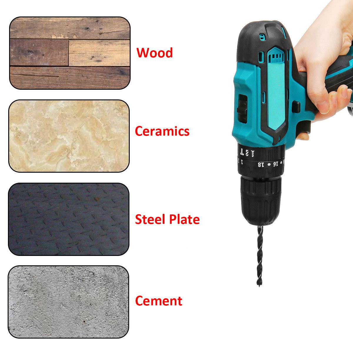 Socoje 2 Speed Power Drills 6000maAh Cordless Drill 3 IN 1 Electric Screwdriver Hammer Drill with 2pcs Batteries