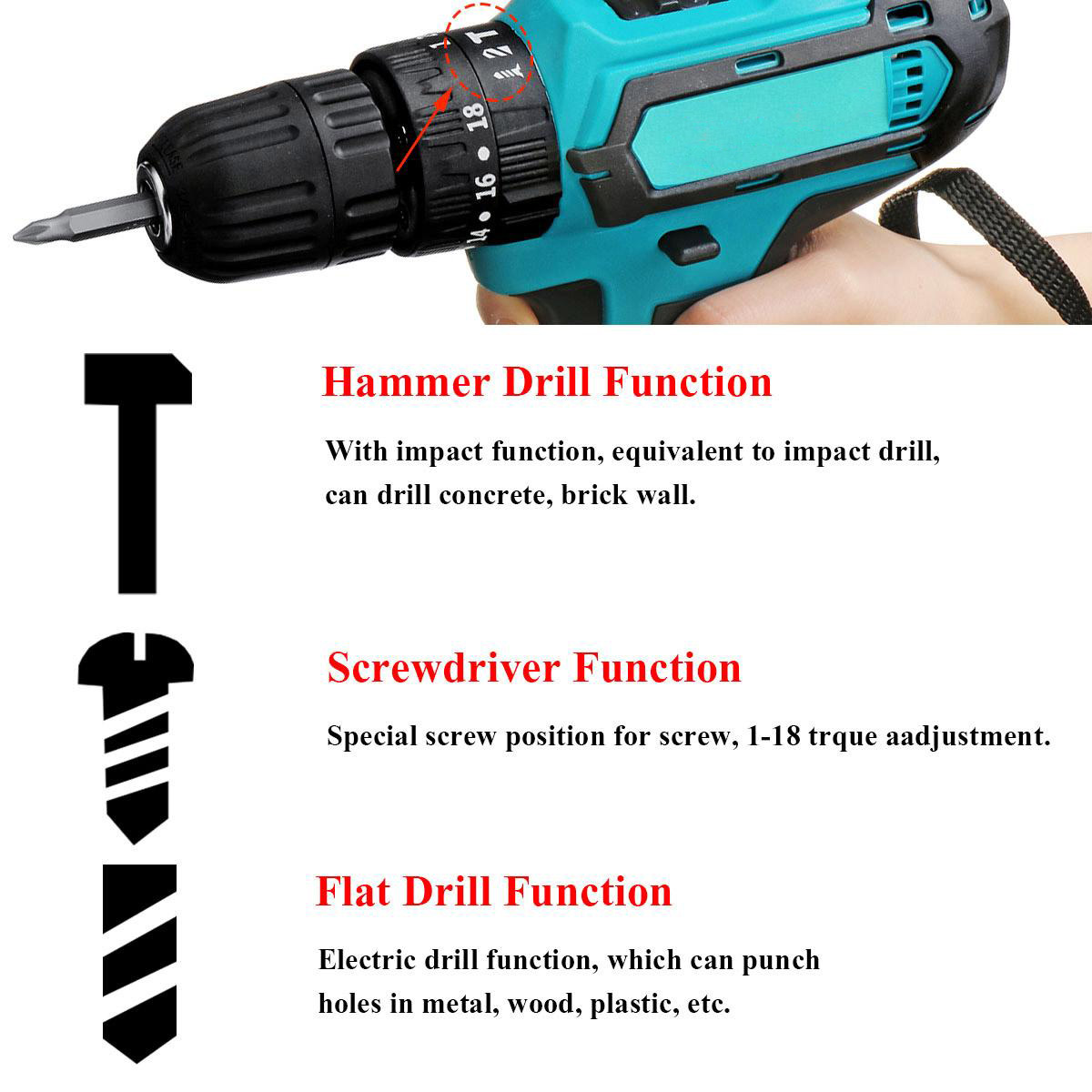 Socoje 2 Speed Power Drills 6000maAh Cordless Drill 3 IN 1 Electric Screwdriver Hammer Drill with 2pcs Batteries