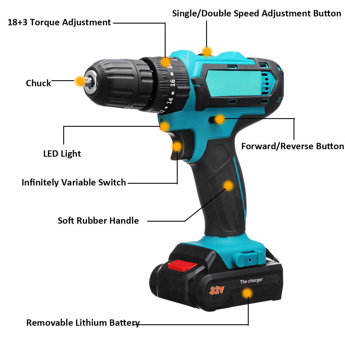Socoje 2 Speed Power Drills 6000maAh Cordless Drill 3 IN 1 Electric Screwdriver Hammer Drill with 2pcs Batteries
