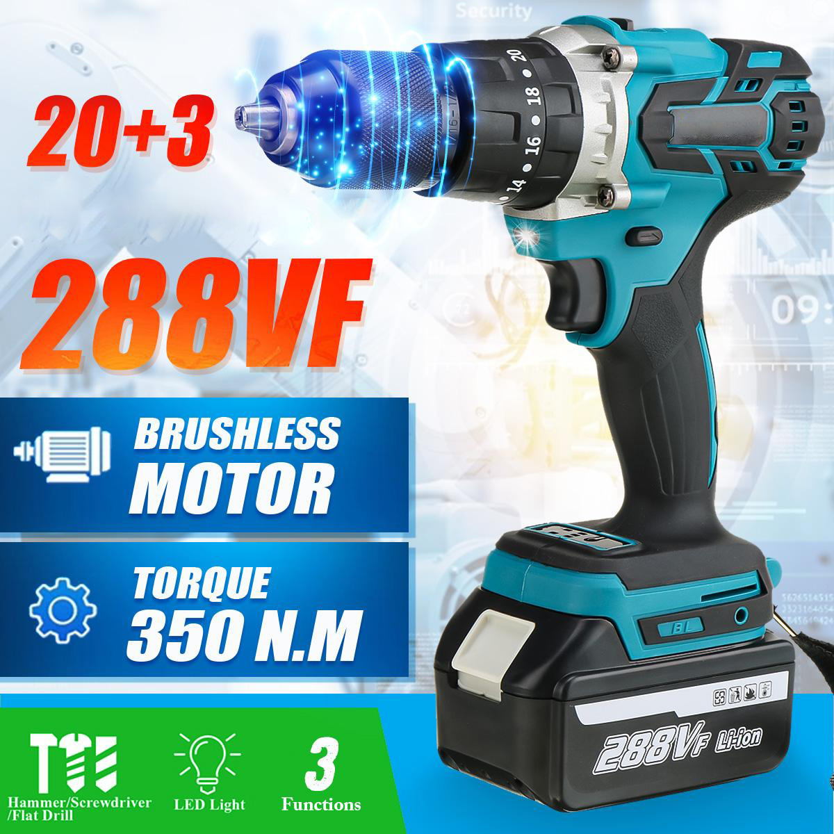 Socoje 288VF 3 In 1 Cordless Electric Impact Drill Driver Brushless Driver Drill Hammer with EU Plug LED Working Light