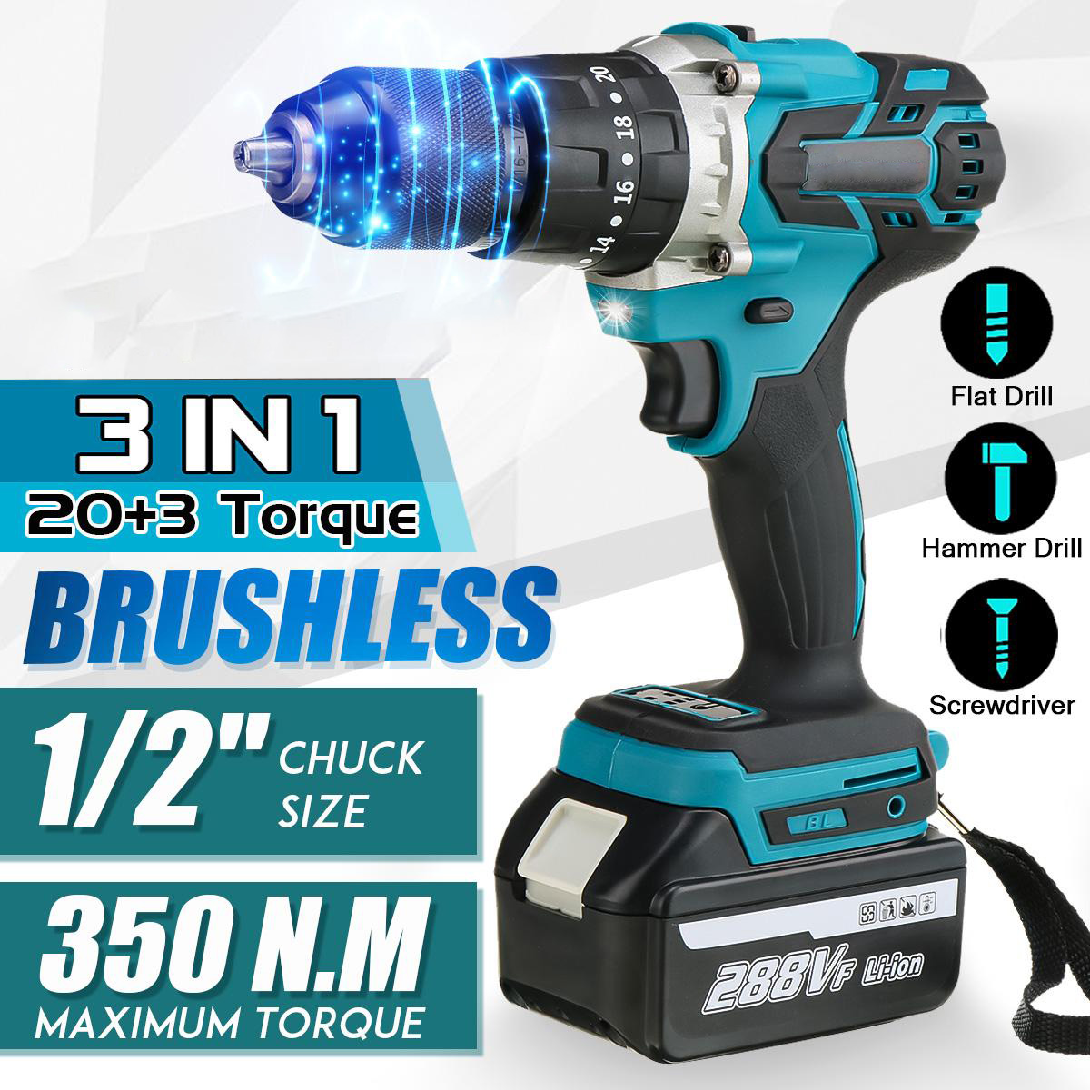 Socoje 288VF 3 In 1 Cordless Electric Impact Drill Driver Brushless Driver Drill Hammer with EU Plug LED Working Light
